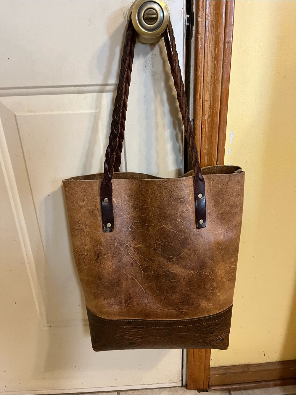 Brown Leather Tote Bag with Braided Handles